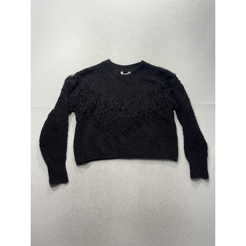 No Boundaries Sweater Juniors M Gray Crew Neck Fringe Chunky Knit Pullover